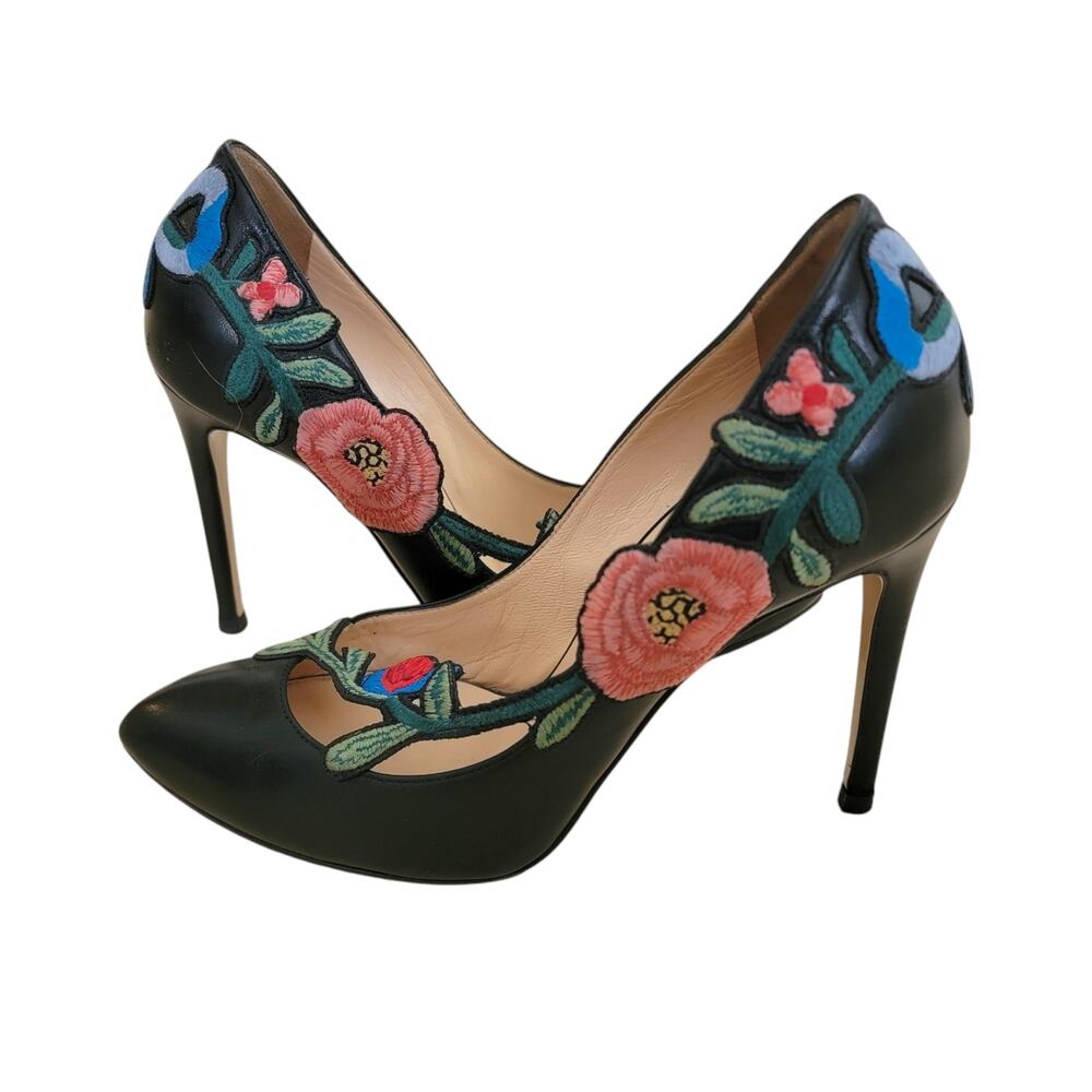 Gucci Floral Ophelia Black Leather Heels Embroidered Pointed Toe Pumps 36.5 6.5